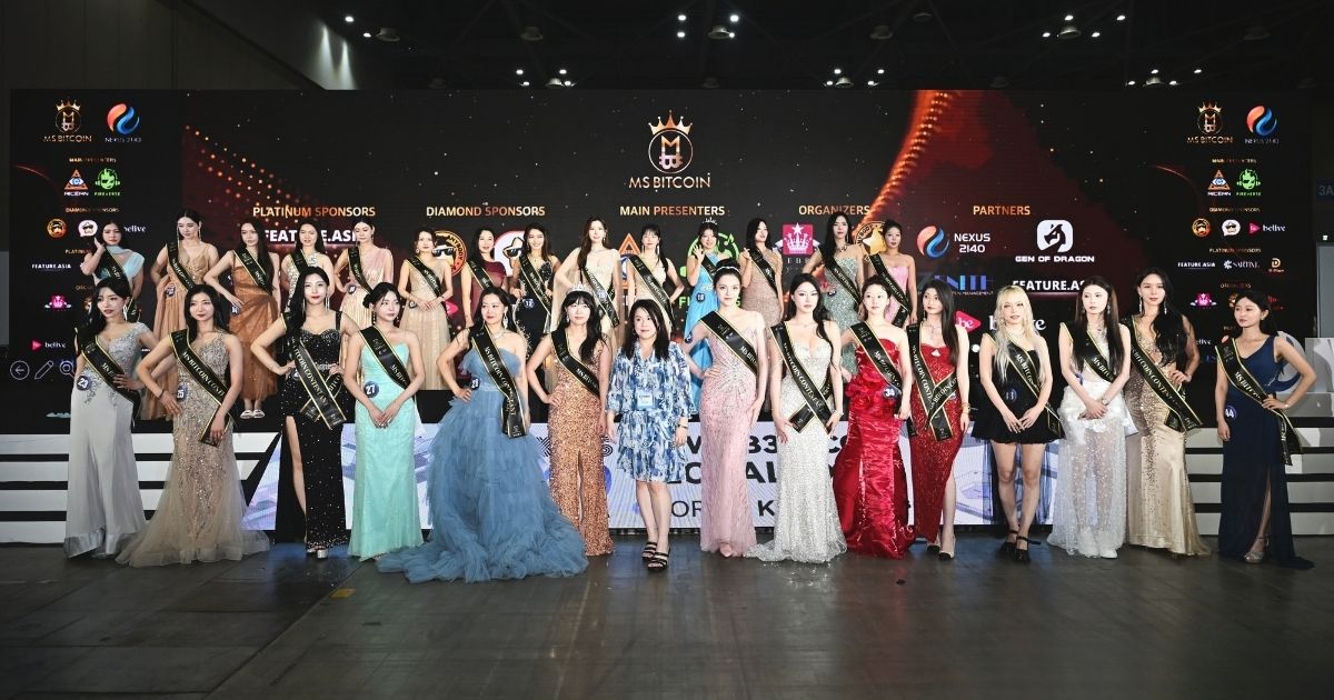 Contestants of Ms Bitcoin Korea 2025 on stage at Nexus 2140 in Seoul, representing Web3 culture and blockchain empowerment.