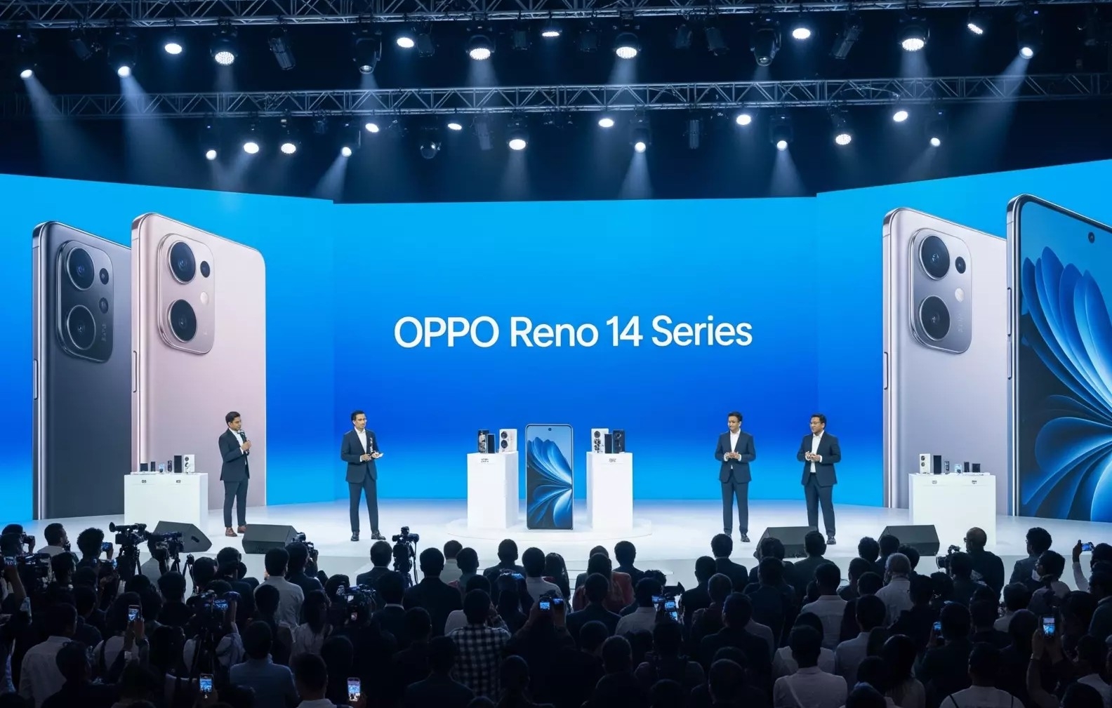 A grand product launch event for the OPPO Reno 14 Series, featuring a large stage with a blue LED backdrop displaying the phone series name. Company executives in suits are presenting the new models to a large audience, while smartphones and cameras capture the moment. Enlarged images of the Reno 14 phones are projected on either side of the stage, emphasizing design and camera features.