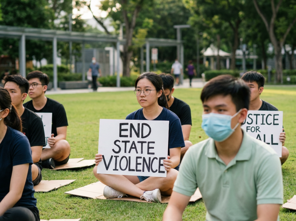 Young people seated in a Singapore park holding signs that read End State Violence and Justice for All during a peaceful protest