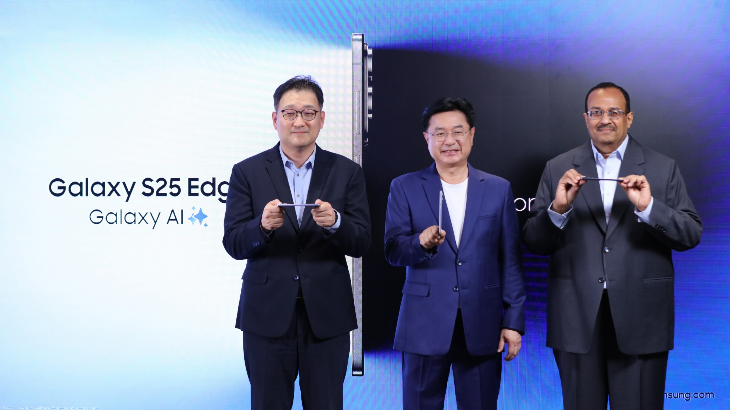 Samsung executives unveil the Galaxy S25 Edge smartphone with Galaxy AI during a product launch event.