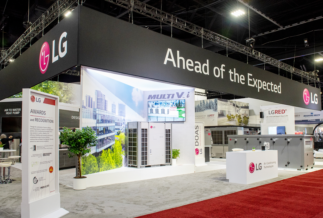 LG booth at a technology trade show showcasing advanced air conditioning solutions and HVAC systems with the slogan 'Ahead of the Expected