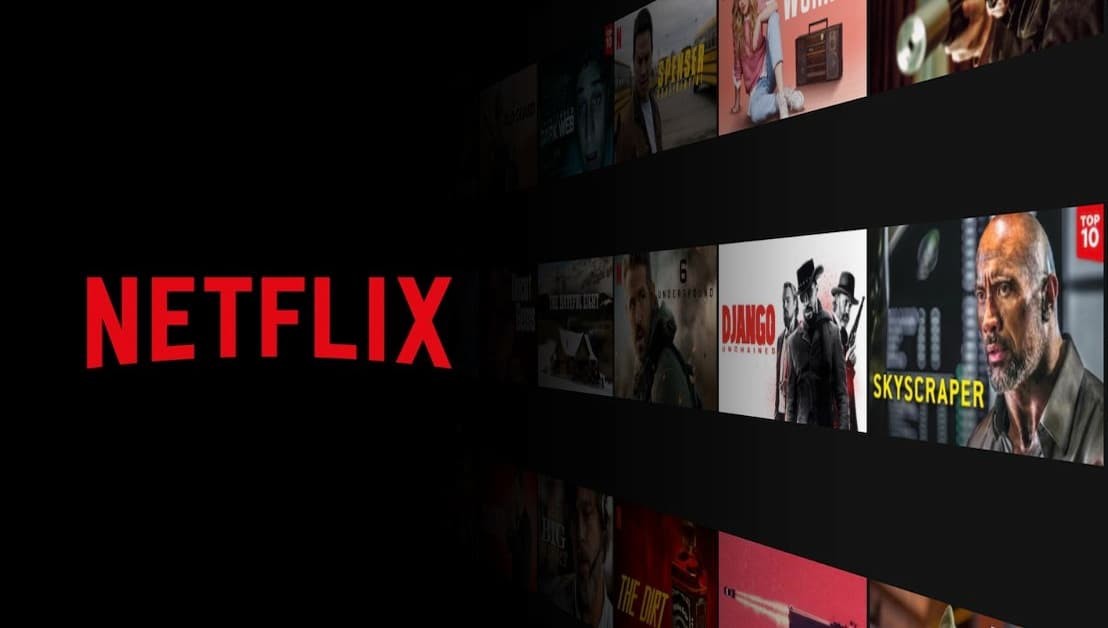 Netflix streaming interface showcasing popular movie titles including Skyscraper and Django, with the Netflix logo prominently displayed on a black background.