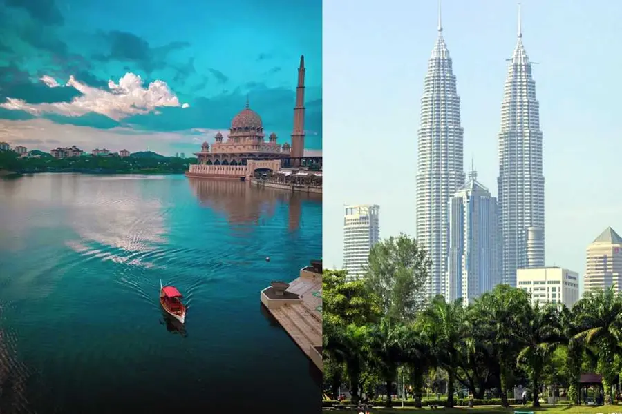 Split view of Malaysia featuring Putra Mosque in Putrajaya with a boat on the lake (left) and the iconic Petronas Twin Towers in Kuala Lumpur surrounded by city buildings and greenery (right).