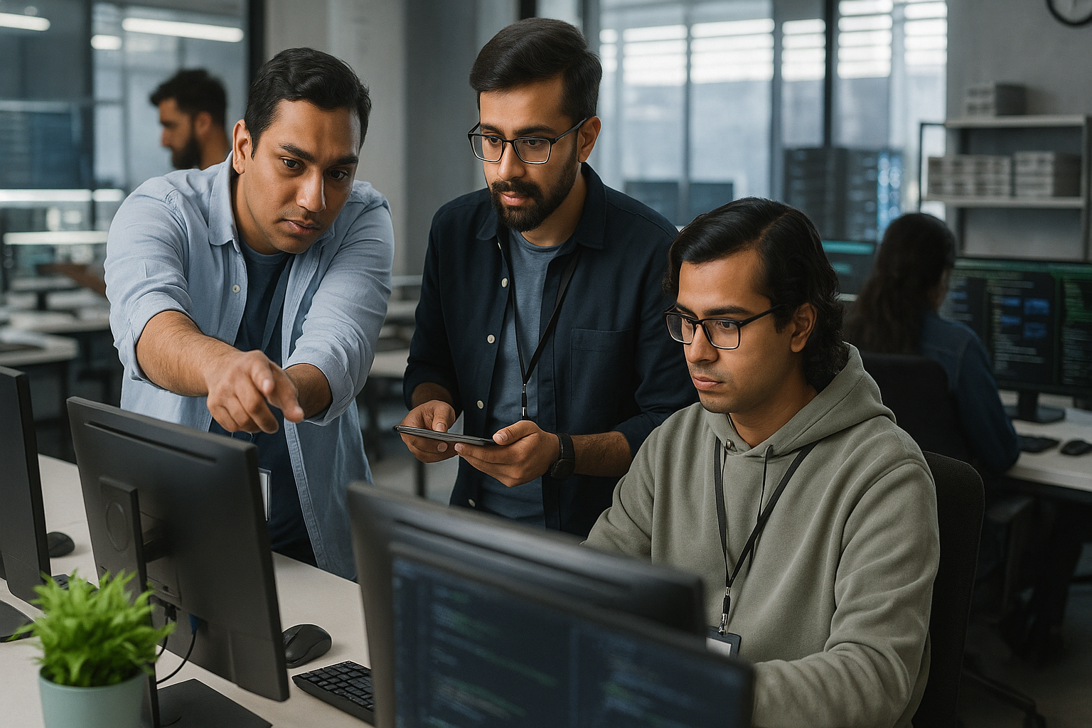 Team of South Asian software developers collaborating on code at a tech startup office, focused on screen and tablet during product development