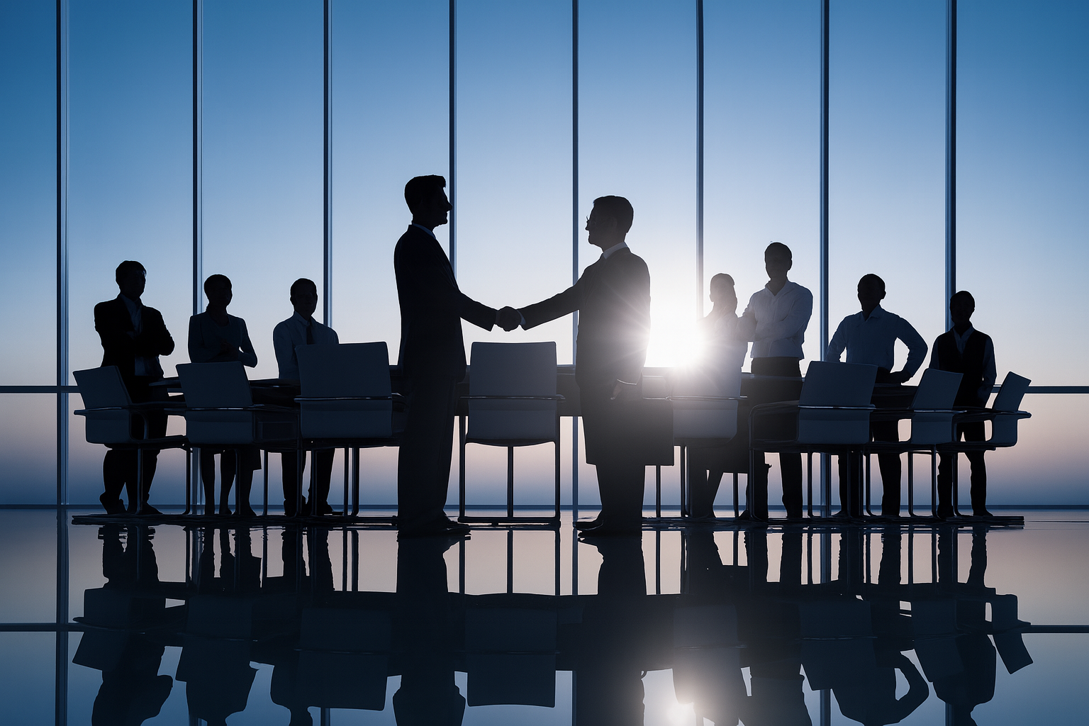 Business executives shaking hands in a corporate boardroom with colleagues in the background, symbolizing strategic partnerships, mergers, and professional collaboration in Asia’s business landscape.