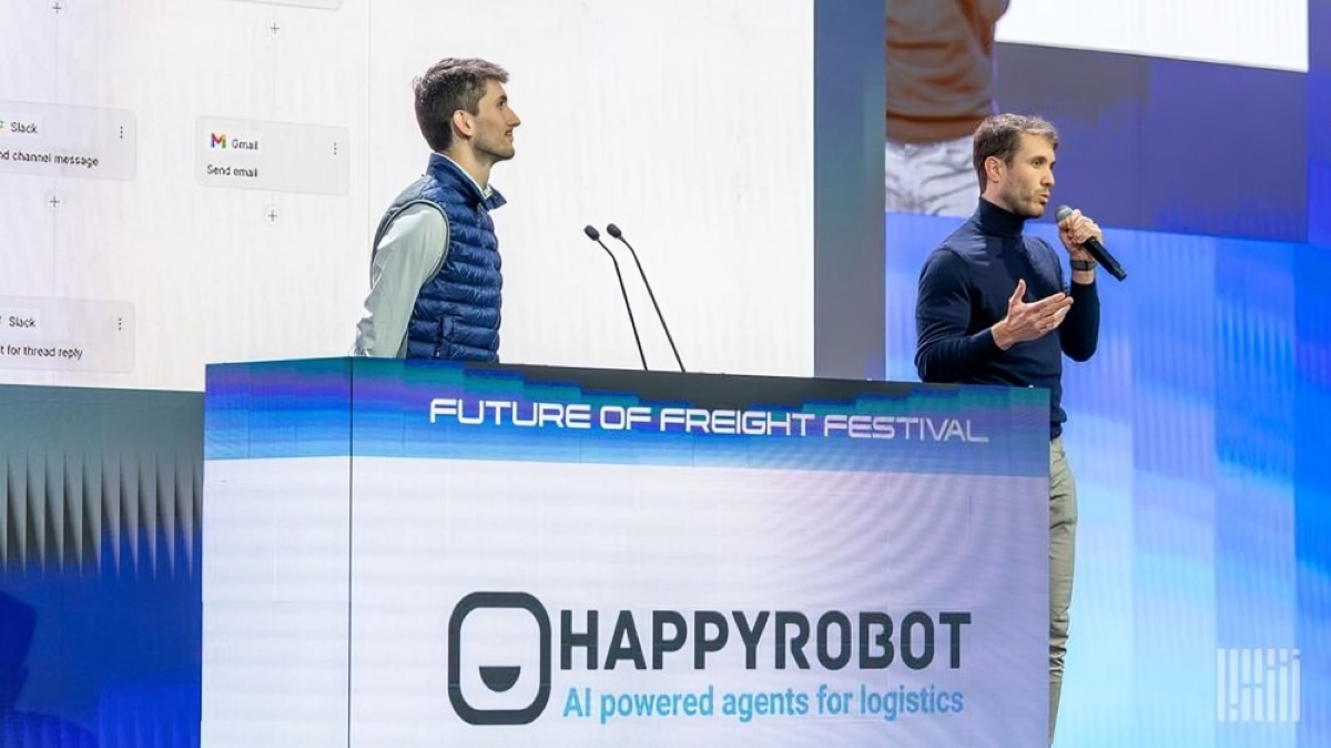 Speakers presenting HappyRobot AI-powered logistics platform at the Future of Freight Festival, highlighting innovation in supply chain automation and artificial intelligence applications.