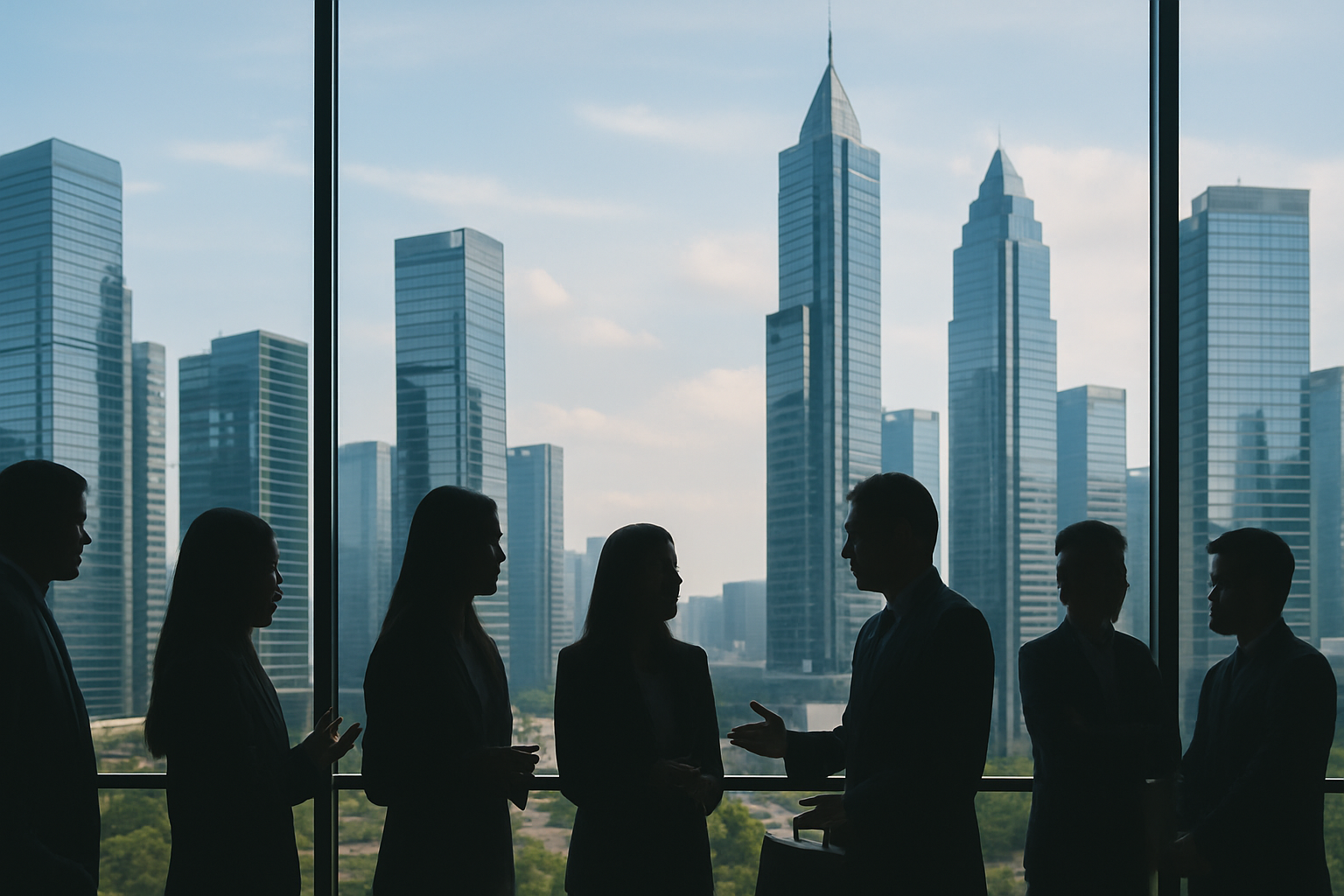 Silhouettes of business professionals engaged in discussion against a backdrop of modern skyscrapers viewed through a large office window.