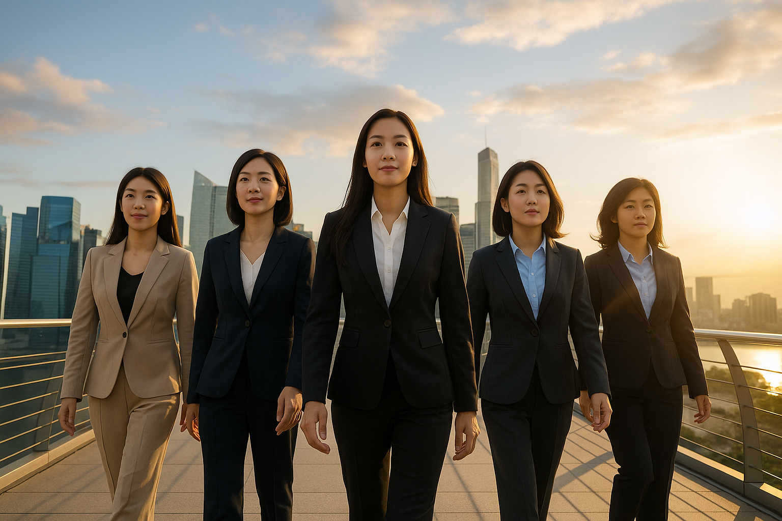 Group of confident Asian businesswomen in suits walking together in a modern cityscape at sunset, symbolizing leadership, empowerment, and professional success.