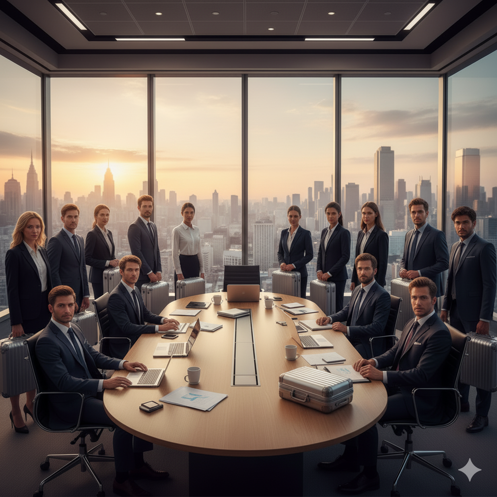 Corporate executives in formal attire gathered around a boardroom table with laptops and briefcases, set against a panoramic city skyline during sunset.