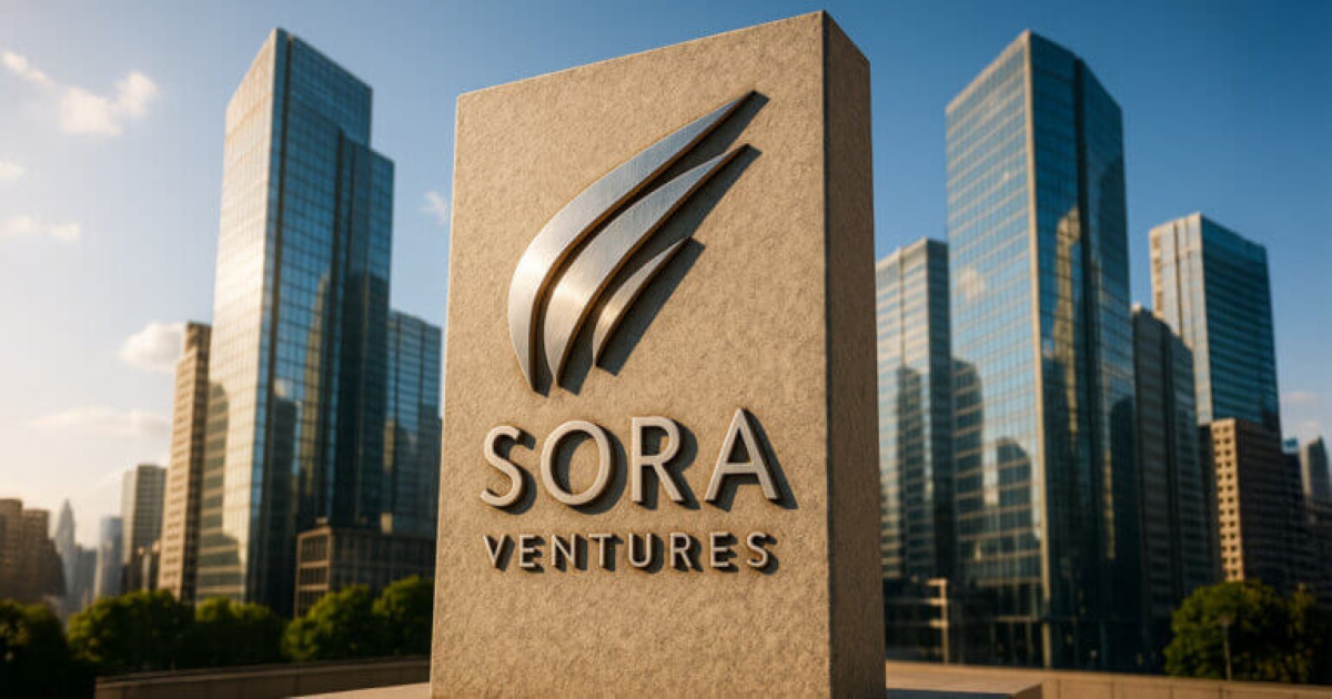 Sora Ventures corporate sign in front of modern skyscrapers, representing blockchain-focused investment firm in global financial hubs.
