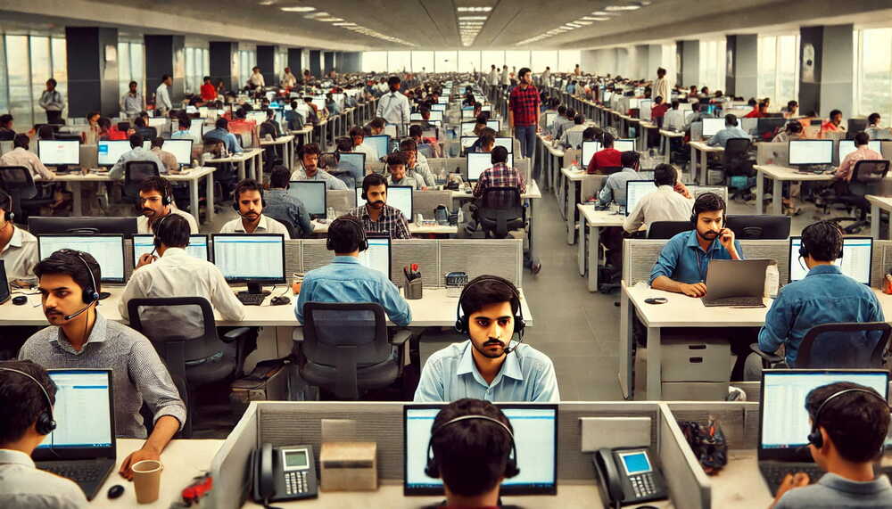 Large office space filled with employees working at computers and call center desks, representing India’s growing technology and outsourcing industry.