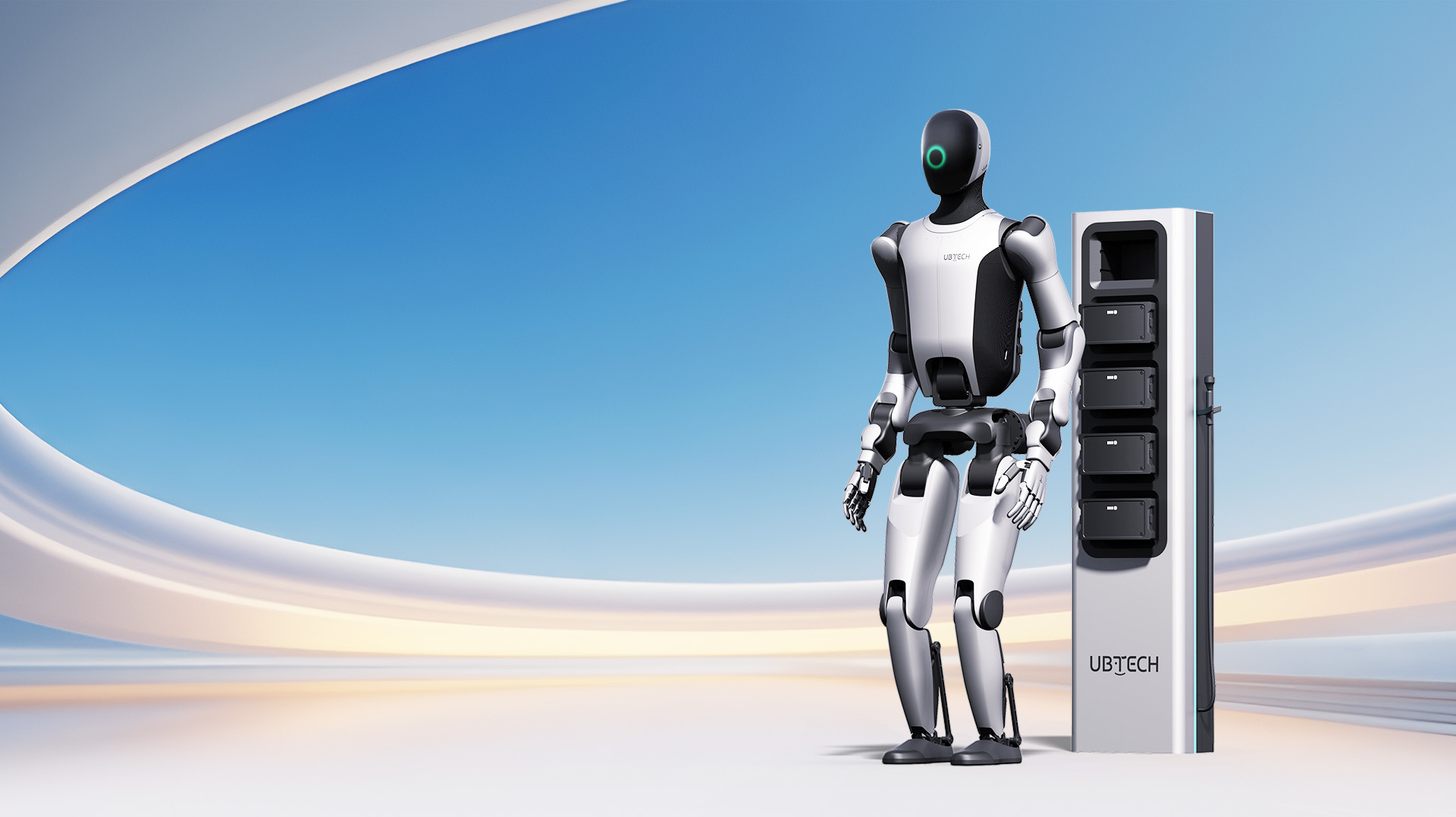 UBTECH humanoid robot standing beside a charging or docking station in a futuristic minimal setting, showcasing advanced robotics and AI engineering.