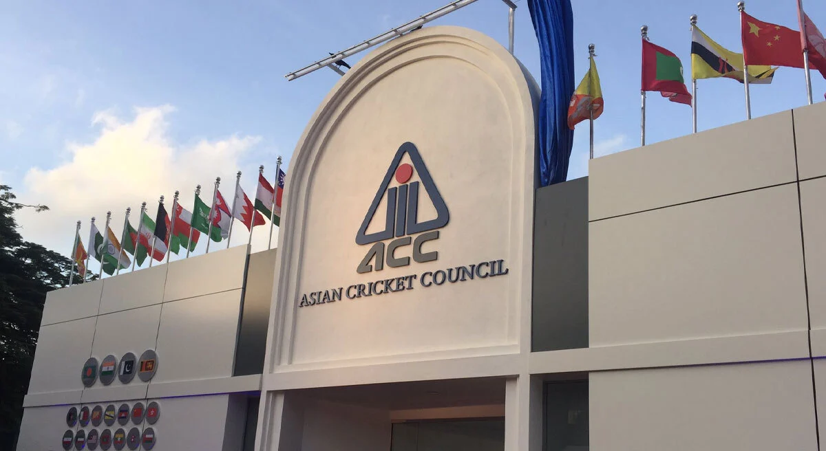 Exterior of the Asian Cricket Council headquarters with national flags of member countries, representing regional cricket governance in Asia.