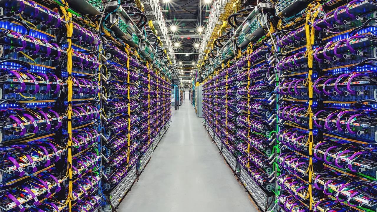 Rows of high-density GPU server racks with colorful fiber and power cabling inside a modern data center, illustrating large-scale AI computing infrastructure.