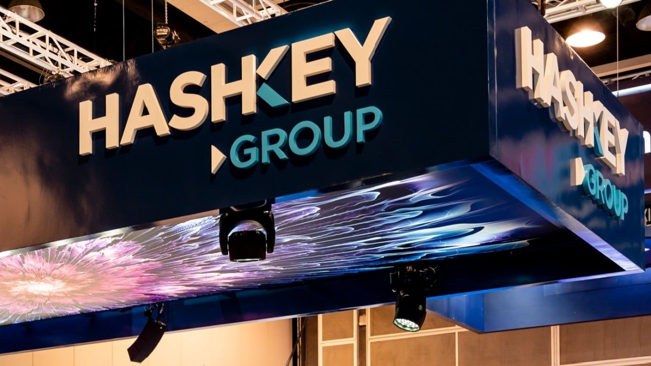 HashKey Group logo displayed at a technology and digital assets exhibition booth, highlighting the company’s presence in the global crypto and Web3 ecosystem.