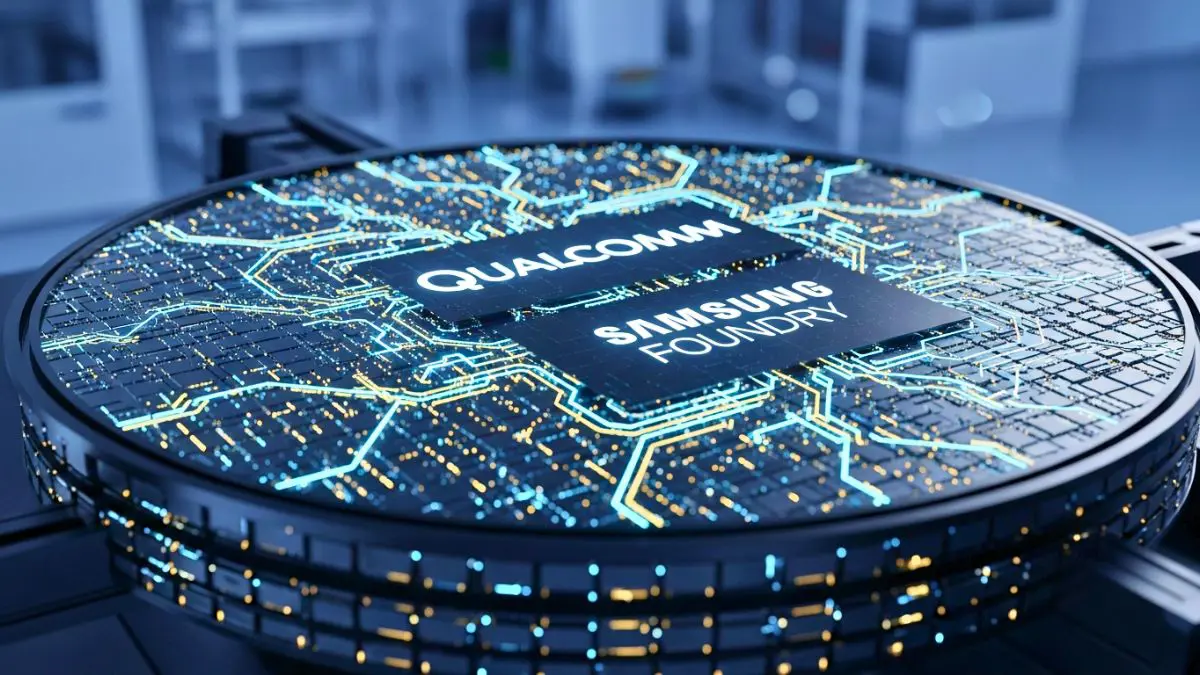 Close-up illustration of a semiconductor wafer featuring Qualcomm and Samsung Foundry logos, with illuminated circuit patterns symbolizing advanced chip manufacturing and AI semiconductor collaboration.