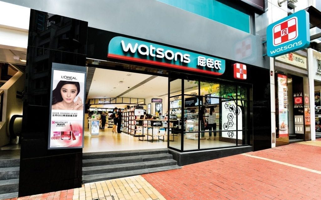 Exterior of a Watsons retail store with prominent signage and glass storefront, showcasing health, beauty, and personal care products at a leading Asian pharmacy and cosmetics chain.