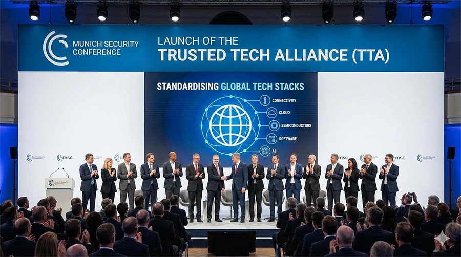 Launch of the Trusted Tech Alliance (TTA) at the Munich Security Conference, featuring global leaders on stage discussing standardised global tech stacks and semiconductor cooperation.
