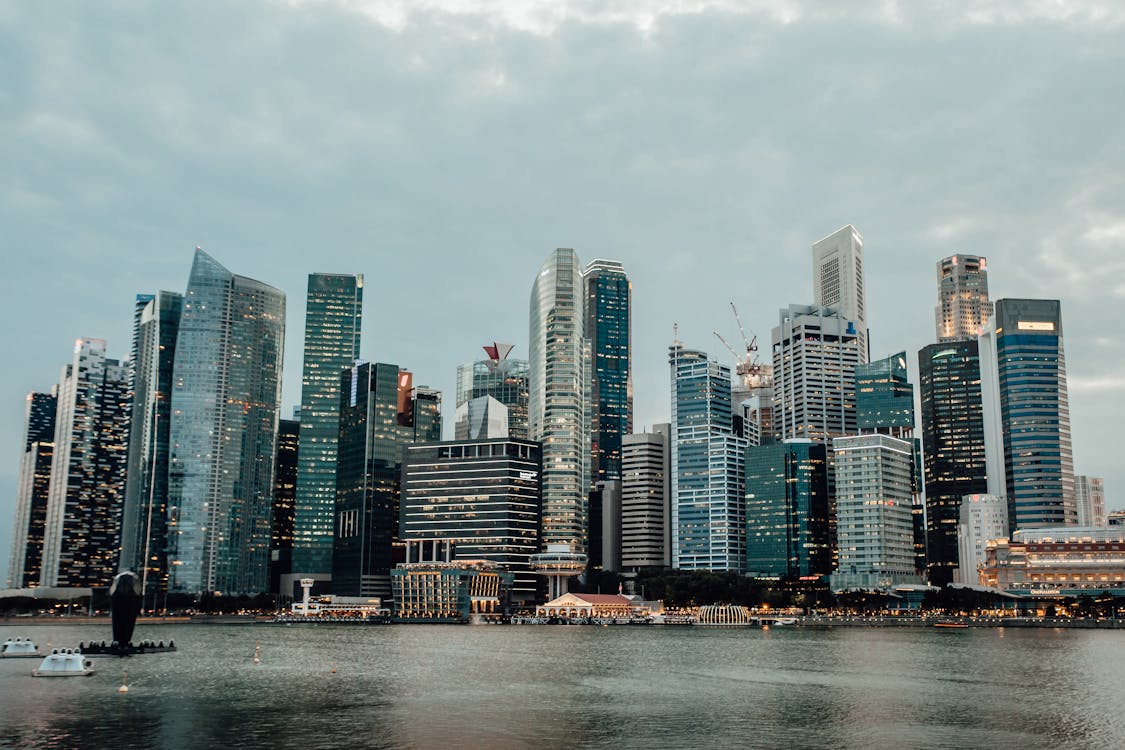 Singapore central business district skyline at dusk, viewed from Marina Bay
